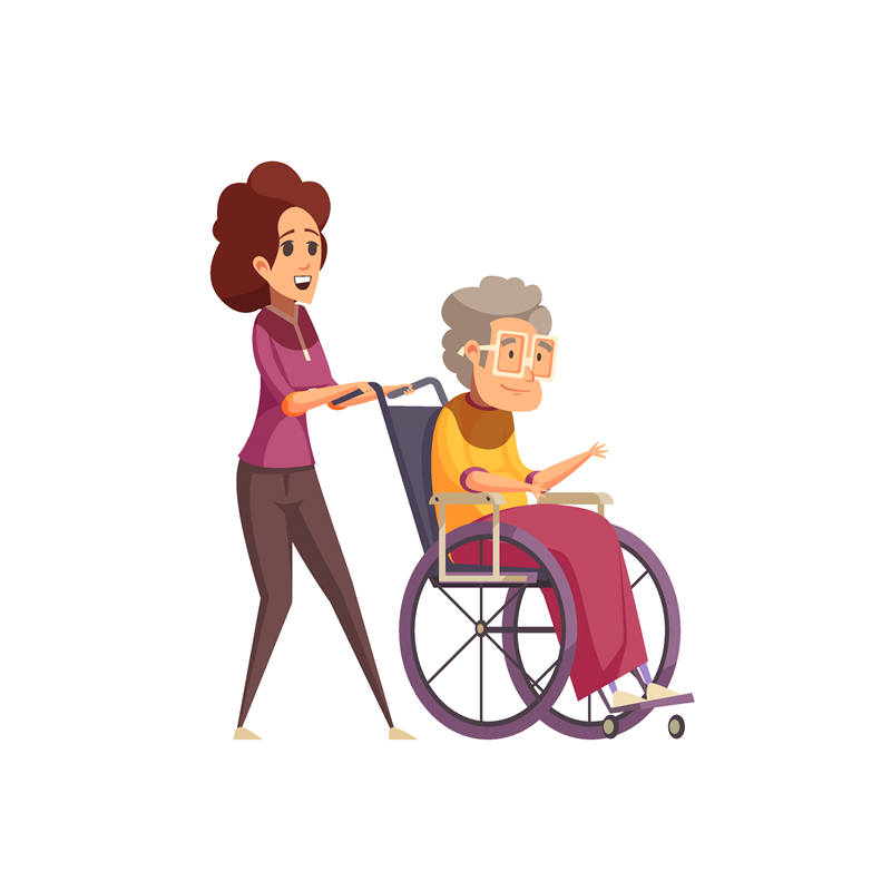 Opiekunka ze starszą panią na wózku